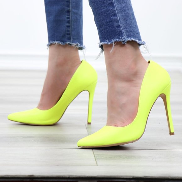 Neon Yellow Faux Leather Pointy Toe High Heels - Picture 14 of 14